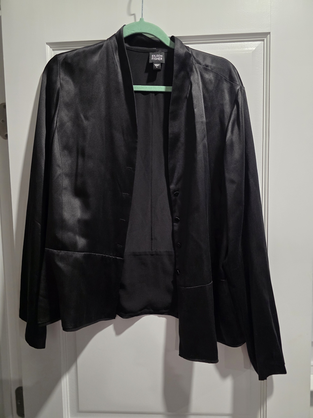 Eileen Fisher Black Satin-Effect Open Blazer